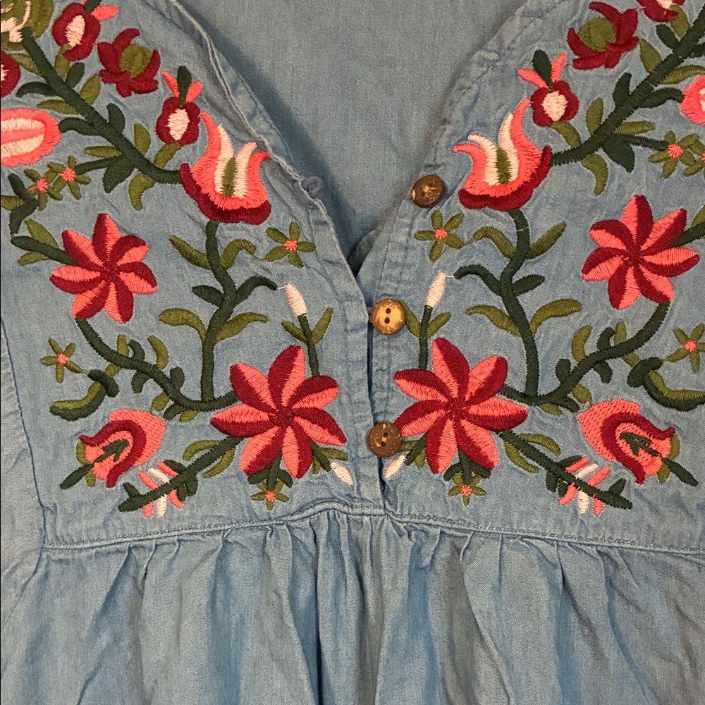 Kafeimali-Bohemian Blue Embroidered V-Neck Floral Mini Dress Sz 7 Cottage core - Picture 4 of 5